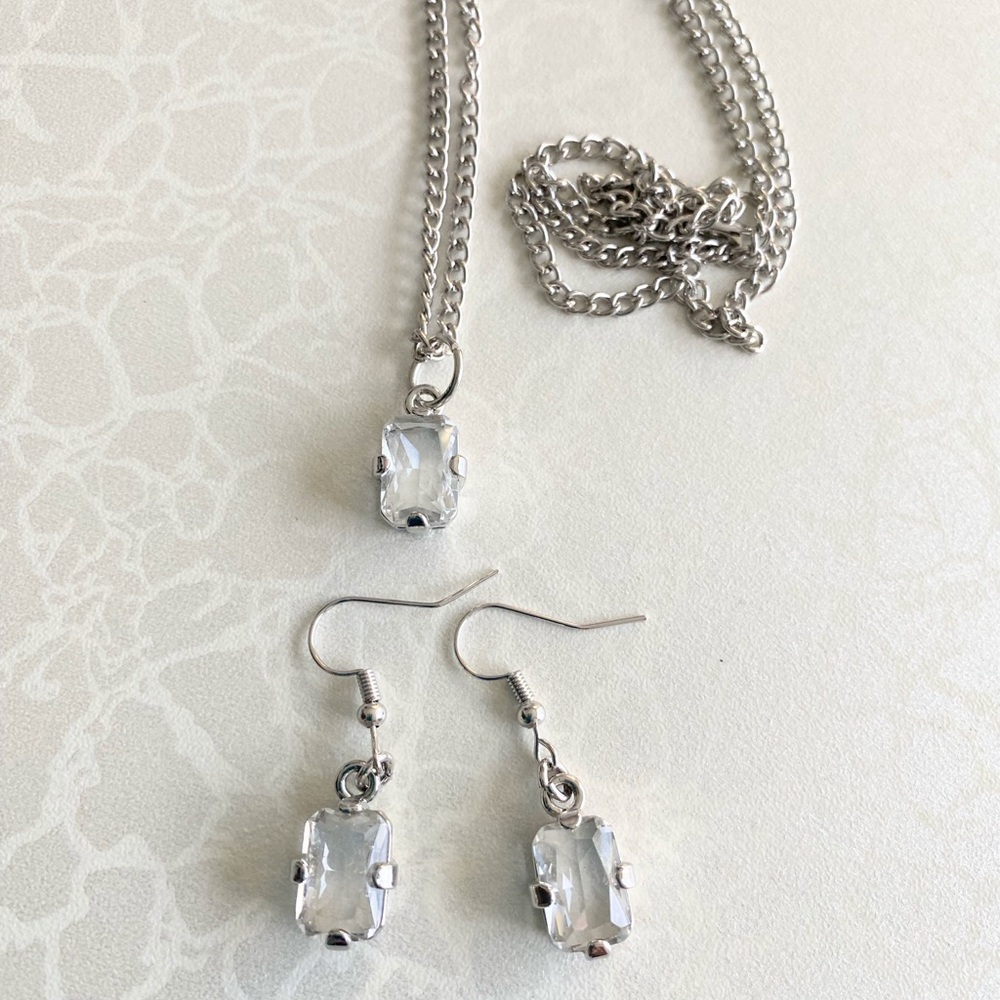 Silver Clear Crystal Necklace and Earrings Set